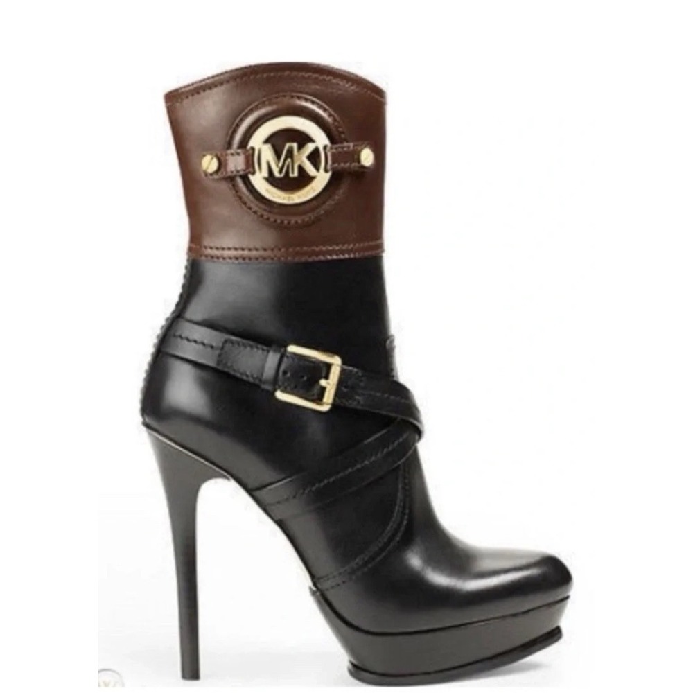 Michael Kors Stockard Two Tone Stiletto Heel Boots Black Mocha Brown Leather S-8